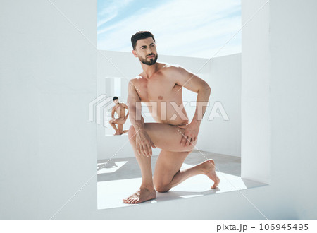 Man model, naked statue and art deco frame of a male posing outdoor for fine and lgbt artwork. Architecture, nude and live greek statues with a person with power and homosexual figure for creativity Man model, naked statue and art deco frame of a male posing outdoor for fine and lgbt artwork. Architecture, nude and live greek statues with a person with power and homosexual figure for creativity 106945495