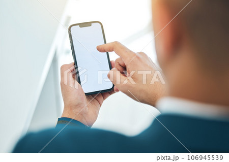 Business man, hands and phone mockup or screen for stock market, online scroll and Web 3.0 ui or ux design space. Corporate person or trader FAQ, trading information and contact or search on mobile 106945539