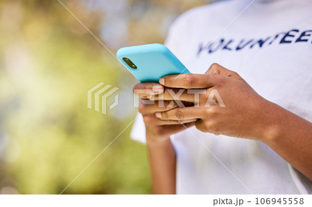 Person hands, phone and volunteering in nature with social media FAQ, blog or community service networking. Volunteer on mobile or chat for earth day communication, NGO or nonprofit contact in park 106945558
