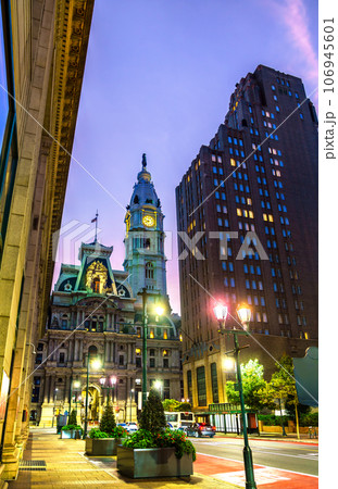 Philadelphia City Hall seen from Market Street at sunset in Pennsylvania, United States Philadelphia City Hall seen from Market Street at sunset in Pennsylvania, United States 106945601