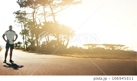 Runner, street and man with fitness, sunshine and start race with health, wellness and workout outdoor. Banner, athlete and runner in road with exercise, training for marathon race and healthy Runner, street and man with fitness, sunshine and start race with health, wellness and workout outdoor. Banner, athlete and runner in road with exercise, training for marathon race and healthy 106945811