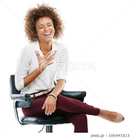 Black woman, studio portrait and chair with laughing, funny moment, beauty or happy by white background. Woman, office chair and isolated with comic time, happiness and crazy joke with formal fashion Black woman, studio portrait and chair with laughing, funny moment, beauty or happy by white background. Woman, office chair and isolated with comic time, happiness and crazy joke with formal fashion 106945813