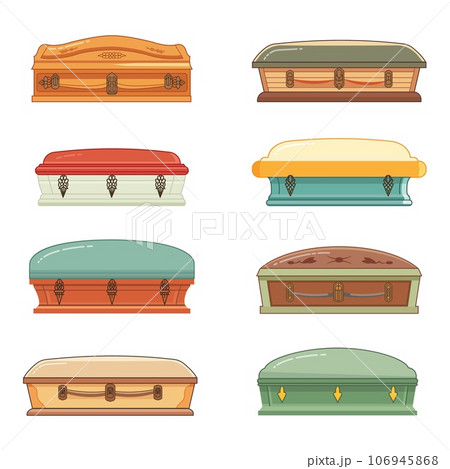 Cartoon isolated coffin. Funeral service equipment, flat color coffins with decor. Pharaoh funerary sarcophagus, mortuary decent vector elements Cartoon isolated coffin. Funeral service equipment, flat color coffins with decor. Pharaoh funerary sarcophagus, mortuary decent vector elements 106945868