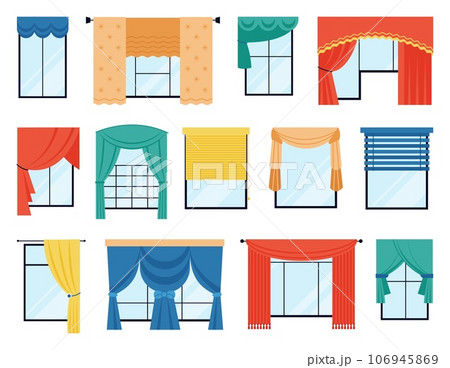 Window curtains and blinds. Isolated windows with fabric decor, flat interior decorative design. Modern and retro drapes decent vector set 106945869
