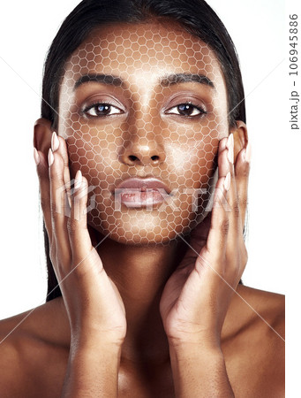 Portrait, beauty and digital transformation for skincare with a woman in studio isolated on white background. Facial recognition, change and a model scanning her face for makeup rendering innovation 106945886