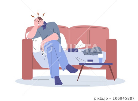 Sick man character. Fever flu symptoms, winter illness male character on sofa with medications. Sickness person with headache, kicky vector scene Sick man character. Fever flu symptoms, winter illness male character on sofa with medications. Sickness person with headache, kicky vector scene 106945887