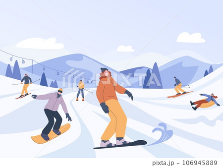 Snow ski resort. Snowboard family holidays, sport friends skiing and snowboarding. Winter outdoor activities, christmas travel kicky vector scene Snow ski resort. Snowboard family holidays, sport friends skiing and snowboarding. Winter outdoor activities, christmas travel kicky vector scene 106945889