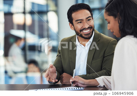 Documents, coaching and business people writing in office for sales project in workplace. Cooperation, collaboration and happy manager or mentor training woman with paperwork research and planning. 106945906