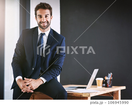 Business, portrait and happy man in office for professional mindset, confidence and career management with space. Corporate employee, boss or person on workplace desk for planning with smile for job Business, portrait and happy man in office for professional mindset, confidence and career management with space. Corporate employee, boss or person on workplace desk for planning with smile for job 106945990