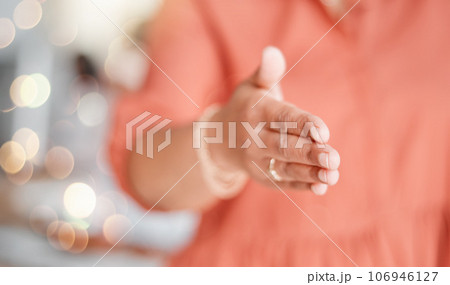 Handshake, welcome and thank you with hands of woman for meeting, networking and partnership. B2b success, job interview and hiring with employee in office for onboarding deal, contract and support 106946127