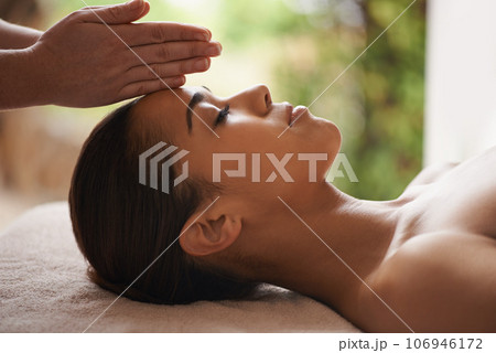 Girl, hands or head massage in spa hotel for zen resting, sleeping wellness or relaxing physical therapy. Calm, eyes closed or woman in beauty salon to exfoliate for facial healing treatment or detox 106946172