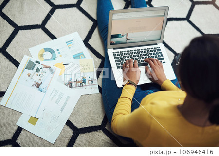 Planning, documents and woman on laptop screen, data analytics or website design for remote work in business research. Charts, graphs and person typing, editing and infographics on computer and floor Planning, documents and woman on laptop screen, data analytics or website design for remote work in business research. Charts, graphs and person typing, editing and infographics on computer and floor 106946416