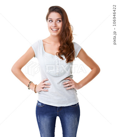 Thoughtful, solution and woman with an idea in the studio with a positive, happy and optimistic mindset. Planning, question and thinking female model feeling excited and isolated by white background. 106946422