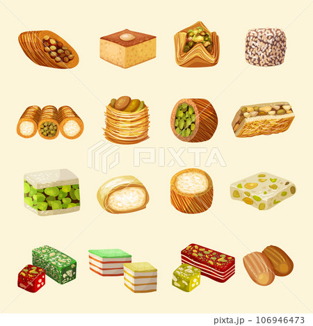 Oriental sweets. Baklava and rahat lakoum traditional arabic products recent vector pictures set 106946473
