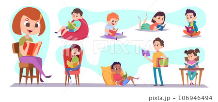 Kids with book. Education processes in library kids holding and reading books exact vector illustration set Kids with book. Education processes in library kids holding and reading books exact vector illustration set 106946494