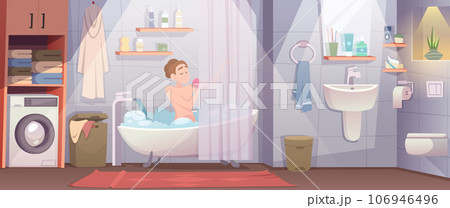 Bathroom interior. Modern decorated toilet room with different sanitary hygiene tools exact vector cartoon background 106946496