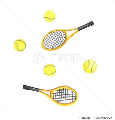 Watercolor tennis set. Tennis rackets and yellow balls. Sports equipment. Hand drawn illustration isolated on white Watercolor tennis set. Tennis rackets and yellow balls. Sports equipment. Hand drawn illustration isolated on white 106946552