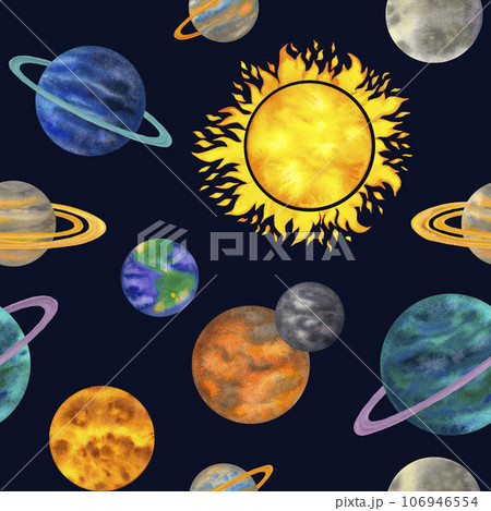 Watercolor seamless pattern with planets of the solar system mercury, venus, earth, mars, jupiter, saturn, uranus, neptune, luna, sun. Background with cartoon planet and the Sun. Cosmos astronomy 106946554