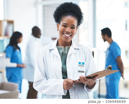 Clipboard, portrait and black woman doctor with healthcare service, happy hospital management and planning. Face, smile and professional medical person with checklist for clinic career and mission Clipboard, portrait and black woman doctor with healthcare service, happy hospital management and planning. Face, smile and professional medical person with checklist for clinic career and mission 106946699