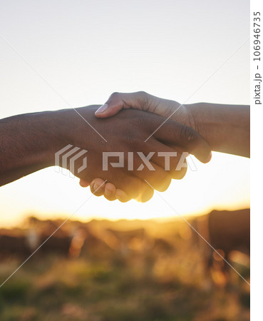 Thank you, handshake and people with b2b farm deal for agriculture, partnership or small business support. Welcome, shaking hands and farming collaboration for supply chain, trust and agro startup 106946735