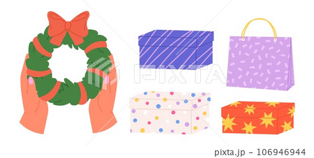 Hands hold christmas wreath with bow. Xmas holidays gifts boxes, present bag. Isolated winter party elements, gift and decoration vector set Hands hold christmas wreath with bow. Xmas holidays gifts boxes, present bag. Isolated winter party elements, gift and decoration vector set 106946944