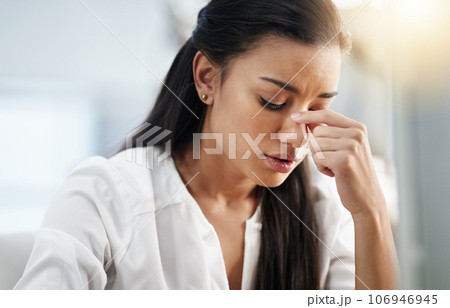 Business, burnout or woman with headache, stress or tired in office with fatigue, anxiety or depression. Depressed employee, sad female consultant or person frustrated with migraine pain in workplace Business, burnout or woman with headache, stress or tired in office with fatigue, anxiety or depression. Depressed employee, sad female consultant or person frustrated with migraine pain in workplace 106946945