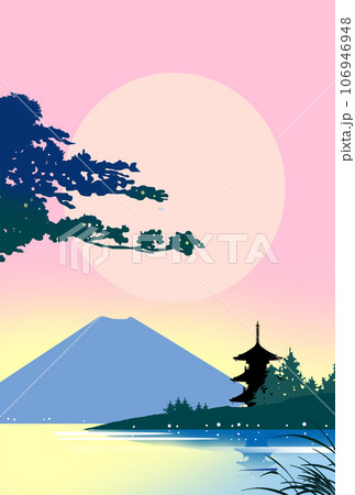 年賀状の背景素材_寺と初日の出と富士山 年賀状の背景素材_寺と初日の出と富士山 106946948