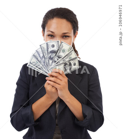 Business black woman, cash with money and dollar in portrait, wealth and corporate finance isolated on white background. Financial company, funding with savings, invest and banking with bonus reward 106946971