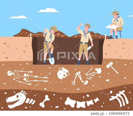 Paleontologist working. Historical archeology discovery, cartoon paleontology scene. Bones, ancient remains in ground, recent vector graphic Paleontologist working. Historical archeology discovery, cartoon paleontology scene. Bones, ancient remains in ground, recent vector graphic 106946972