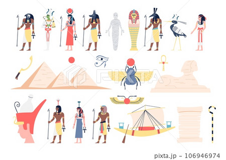 Egyptian element. Ancient egypt civilization and culture. Gods and goddess statues, pyramid and sphinx. Pharaoh symbol, flat recent vector set Egyptian element. Ancient egypt civilization and culture. Gods and goddess statues, pyramid and sphinx. Pharaoh symbol, flat recent vector set 106946974