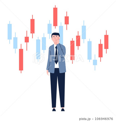 Businessman and candlestick chart. Professional selling equity on exchange. Investment trader and candle indicators recent vector scene 106946976