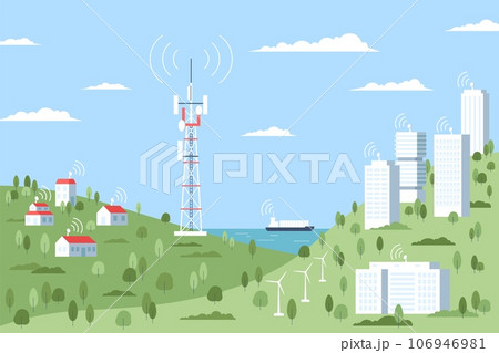 Wireless tower in village valley, traffic internet landscape. It city, antenna construction and cellular satellite network or mobile signal recent vector scene 106946981