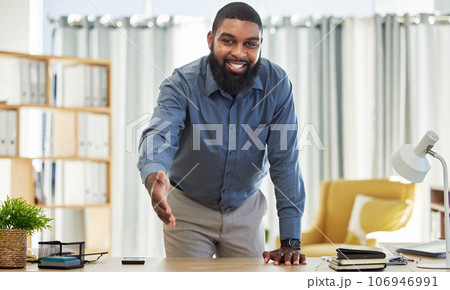 Black man, open handshake or portrait of businessman for welcome, deal or onboarding in office. Hand gesture, CEO or human resources manager with respect, hiring opportunity or partnership agreement Black man, open handshake or portrait of businessman for welcome, deal or onboarding in office. Hand gesture, CEO or human resources manager with respect, hiring opportunity or partnership agreement 106946991