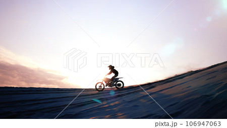 Motorcycle, person and driving for training or sports with fitness, balance or challenge in nature on mock up space and sky. Bike, freedom and adventure for competition, exercise or talent in desert Motorcycle, person and driving for training or sports with fitness, balance or challenge in nature on mock up space and sky. Bike, freedom and adventure for competition, exercise or talent in desert 106947063