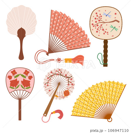 Collection Of Exquisite Asian Hand Fans, Adorned With Intricate Designs, Tassels And Vibrant Colors and Patterns Collection Of Exquisite Asian Hand Fans, Adorned With Intricate Designs, Tassels And Vibrant Colors and Patterns 106947110