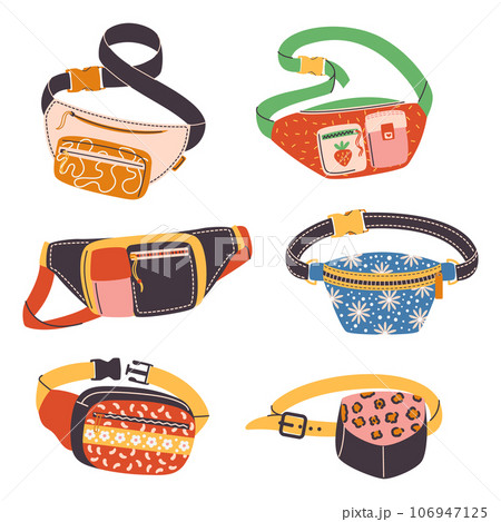 Waist Bags For Essentials During Outdoor Activities Or Travel. Isolated Set Of Fanny Packs, Compact, Convenient Storage 106947125
