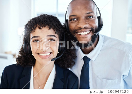 Happy, portrait and customer service consultants in the office working on a crm consultation online. Happiness, smile and interracial telemarketing colleagues taking a picture together in workplace. 106947126