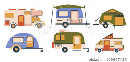Camper Vans Set, Versatile Vehicles For Travel And Camping, Equipped With Sleeping, Cooking, And Living Amenities 106947136