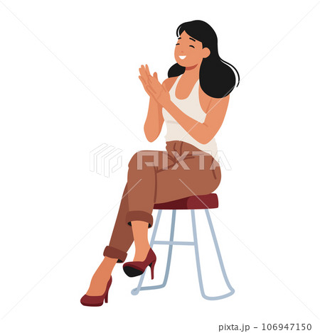 Happy Female Character Applaud, Support Somebody. Woman Clap Hands Sitting On Chair Isolated On White Background 106947150