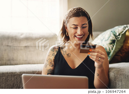 Credit card, happy woman and home, computer and online shopping, ecommerce or fintech application, loan or finance. Person on laptop, website payment or internet banking with security pin or numbers 106947264