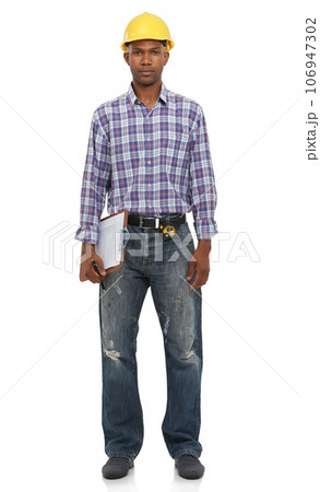 Construction worker, studio portrait and checklist by white background for inspection, success or goal. Black man, model and site manager with clipboard, helmet or safety as engineer, builder and job Construction worker, studio portrait and checklist by white background for inspection, success or goal. Black man, model and site manager with clipboard, helmet or safety as engineer, builder and job 106947302
