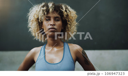 Fitness, portrait and woman runner on wall background for training, mindset and exercise with mockup. Face, attitude and lady with focus outdoor for running, workout or healthy lifestyle routine run 106947323