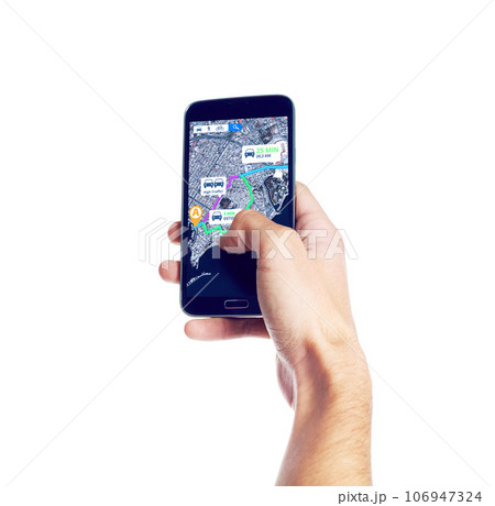 Hands with mobile, screen or location to travel on city road map or direction route on white background. Mockup, iot or person with phone app ux display of journey trip, navigation or virtual guide 106947324
