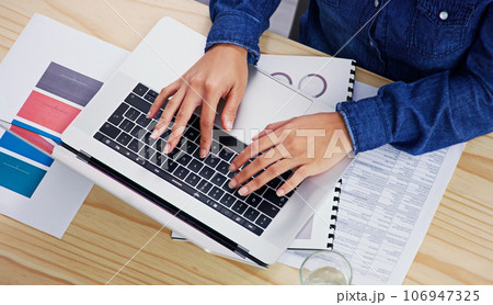 Hands, laptop and finance from above with a business woman typing on a keyboard in her accounting office. Computer, documents and financial budget with an employee planning an investment strategy Hands, laptop and finance from above with a business woman typing on a keyboard in her accounting office. Computer, documents and financial budget with an employee planning an investment strategy 106947325