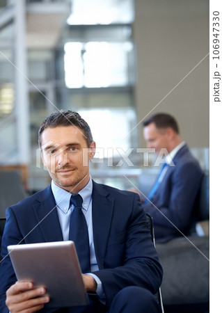 Tablet, Portrait or business man with smile in airport lobby for invest strategy, finance growth or financial success. CEO, travel or manager on tech planning, social media or network blog networking 106947330