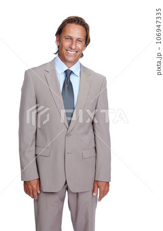 Businessman, portrait and corporate ceo with success and leadership, executive isolated against white background. Business man, management and motivation with vision, goals and professional mockup 106947335