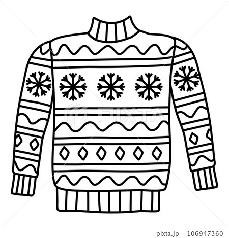 Warm knitted sweater with snowflakes and geometric pattern, doodle style flat vector outline 106947360