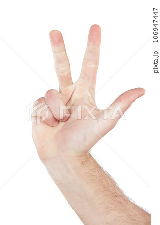 Man, hand or finger counting on isolated white background in mathematic solution, problem solving or sum addition. Zoom, model or person and hand gesture in countdown, timer or emoji on studio mockup 106947447