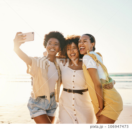 Happy, selfie and women with friends at beach for support, social media and diversity. Smile, relax and profile picture with group of people in nature for community, peace and summer vacation 106947473