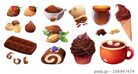 Cartoon cocoa products. Candy in white milk chocolate shell or choco chip sweetener desserts closeup, spoon powder cacao seed with tree, cream pastries garish vector illustration 106947474